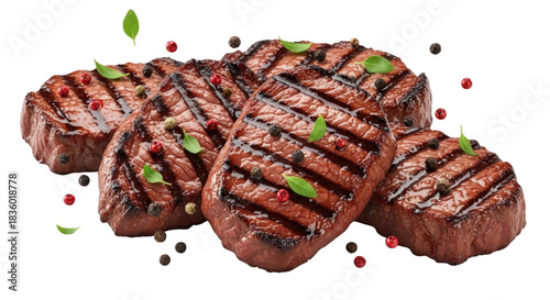 Grilled steak medley with peppercorns and herbs transparent background cutout png