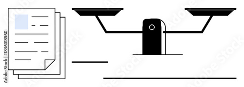 Law, justice, fairness, decision-making, legal system, document review. A balance scale beside a stack of papers. Law and justice concepts by the scale and documents