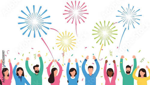Diverse team rejoicing with fireworks and confetti for successful product launch or celebrating company milestones with vibrant energy and shared joy