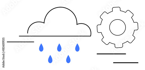 Cloud releasing raindrops alongside a gear symbolizing technology, data flow, automation, innovation, cloud computing, environmental sustainability, and process improvement. Simple flat metaphor
