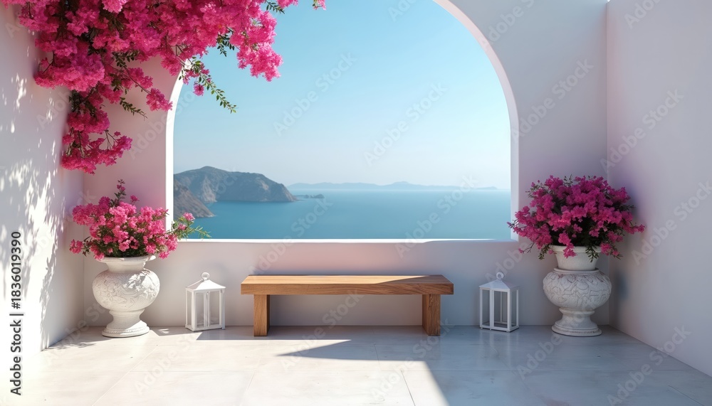 Fototapeta premium White terrace offers open sea view through archway. Pink bougainvillea flowers decorate walls, decorative pots. Minimalist wooden bench sits on balcony with white lanterns. Bright day on sunny