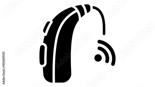 Modern smart hearing aid device with antenna emitting sound waves, isolated on white, symbolizing advanced audio technol