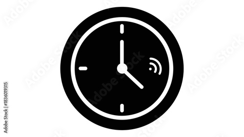 Modern smart wall clock icon with wifi symbol indicating network synchronization, isolated on white.