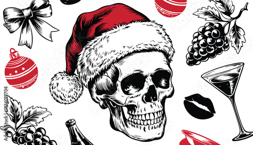 Black and white vector illustration of skull wearing Santa hat with bow ornament grapes martini and lips in tattoo style