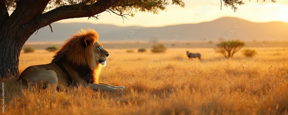 Obraz premium Lion rests beneath acacia tree observing distant zebra in golden savanna grassland. Majestic feline surveys territory at sunset, African wildlife, predator behavior. Warm light illuminates landscape