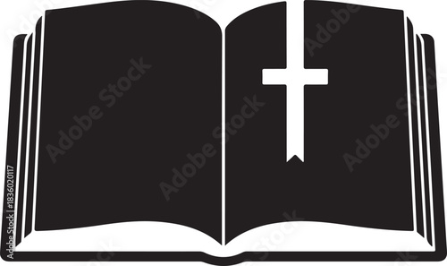 Black Silhouette of an Open Bible with a Cross and Ribbon Bookmark open book religious book