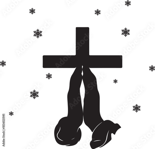 Black Silhouette Praying Hands and Cross with Snowflakes christianity religion