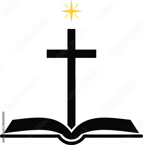 Christian cross on open bible with star on white background christianity book