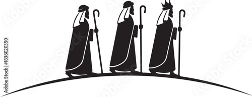Three wise men silhouettes walking with staffs on a curved surface kings magi