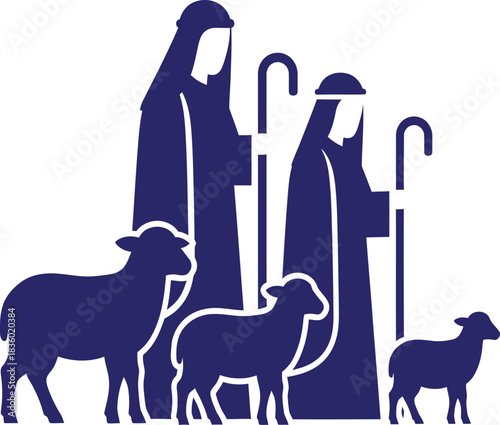 Two Shepherds with Three Sheep in Blue Silhouette nativity christmas