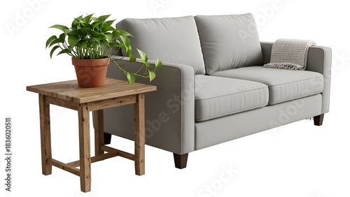 A light gray couch with a wooden side table and a potted plant, blanket