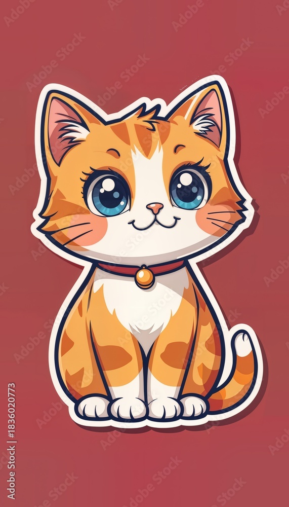 Obraz premium A cute cartoon cat with orange and white fur sits calmly, featuring large, expressive eyes and a friendly smile.