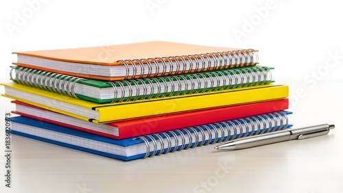 Stacked colorful spiral-bound notebooks with pen on a white surface against a white backdrop