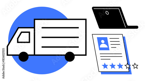 Delivery truck, open laptop, and resume featuring profile and stars focus on logistics, customer feedback, career review. Ideal for hiring, delivery, fleet, ratings workforce feedback digital