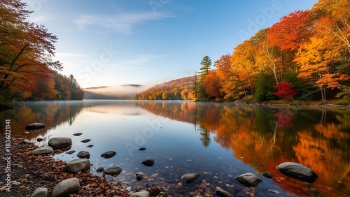 Autumn lake scene with vibrant fall foliage reflected in calm water under a blue sky