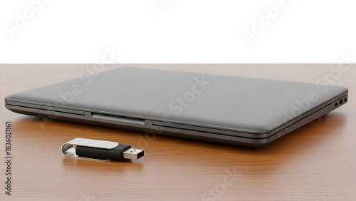 Sleek gray laptop beside a silver USB drive, resting on a polished wooden surface