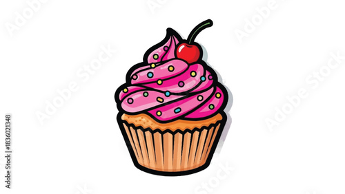 Delicious Pink Frosted Cupcake with Cherry Topping.