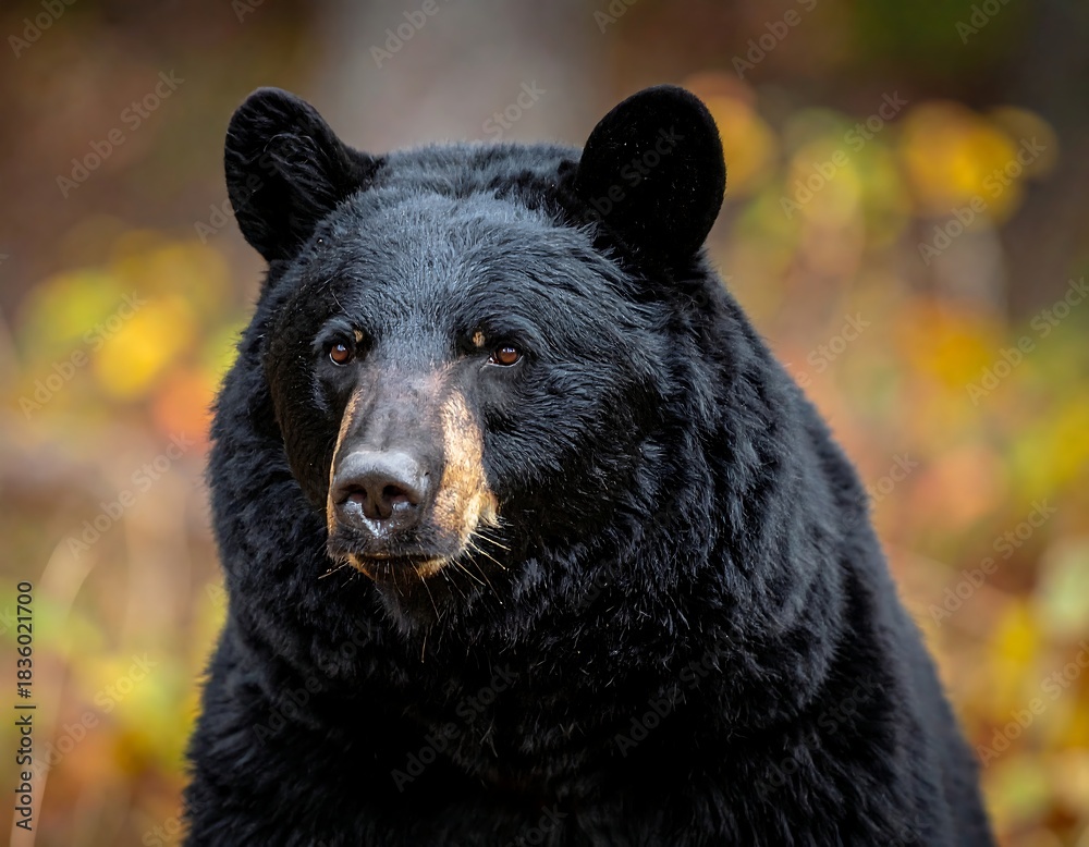 Fototapeta premium A close-up portrait of a majestic black bear amidst colorful autumn foliage