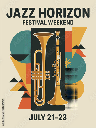Vintage-style jazz poster with trumpet and clarinet silhouettes framed by bold geometric shapes on a warm beige background with halftone textures