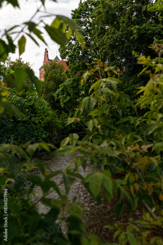 Beautiful city streets on a sunny summer day. Historic buildings among green trees in European city. 1 June 2025, Vilnius, Lithuania