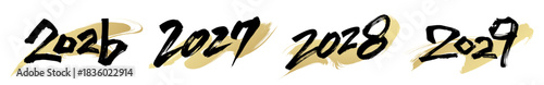 2026、2027、2028、2029と書いた筆文字と背景用の筆模様のベクター素材のセット