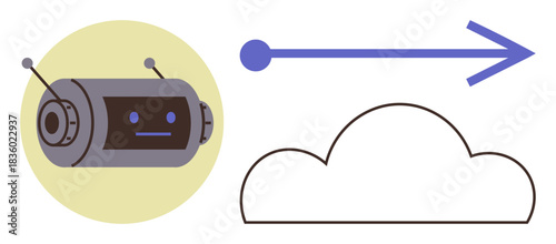 Robot head with antennas interacting with cloud via arrow symbolizing data transfer. Ideal for technology, communication, cloud computing, AI, automation, innovation, networking. Simple flat metaphor