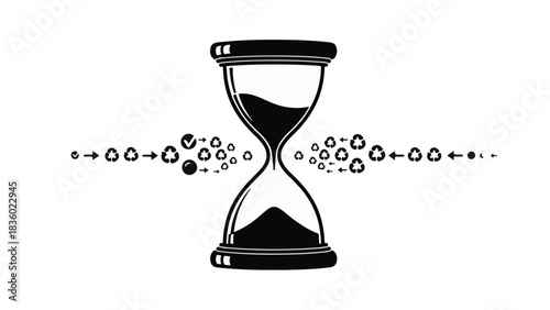 Hourglass with flowing sand and abstract symbols representing time passing and cycles.