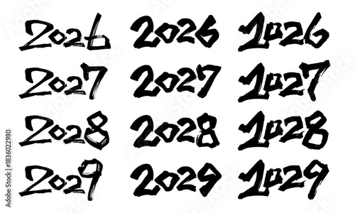 2026、2027、2028、2029と書いた筆文字と背景用の筆模様のベクター素材のセット