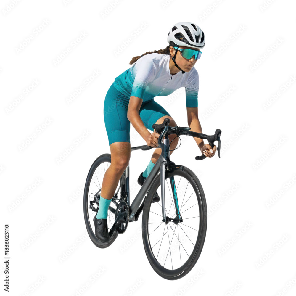 Fototapeta premium Focused South Asian female cyclist riding road bike with intense concentration, cutout isolated on transparent background