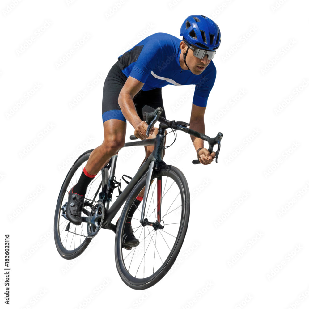 Naklejka premium Focused South Asian cyclist races hard wearing bright blue athletic gear, cutout isolated on transparent background