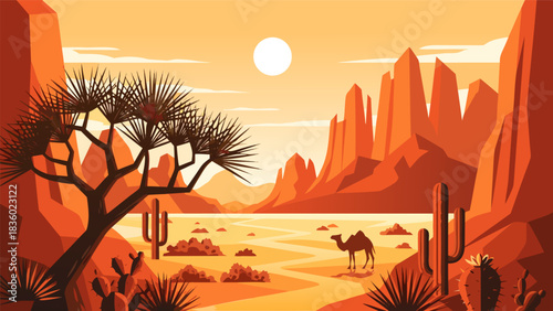 Vibrant desert landscape illustration with a camel walking towards a majestic sunset amidst rugged rock formations and cacti