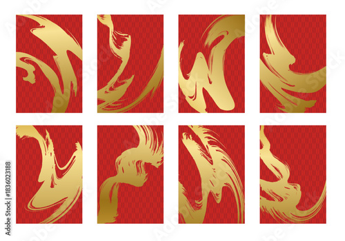 筆で描いた金色と赤色の和風背景素材のセット