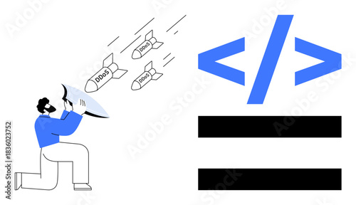 Person holding a shield blocks incoming DDoS attack missiles with bold coding symbols nearby. Ideal for cybersecurity, coding protection, online threats, cyber defense, programming, IT security