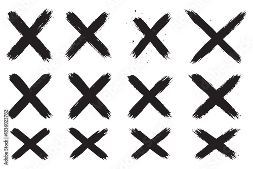 Hand-drawn black cross marker. Grunge black x sign. Black cross marker. Check mark icon vector crosses.