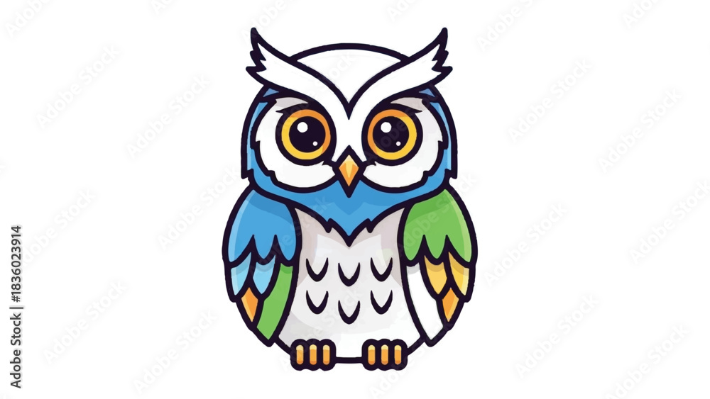 Fototapeta premium Cute Cartoon Owl with Big Eyes and Colorful Feathers.