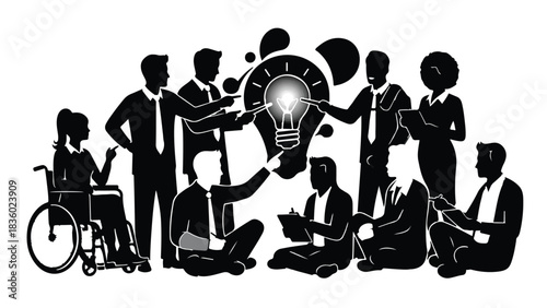 Diverse group of business people with disability brainstorming ideas with lightbulb in modern office setting