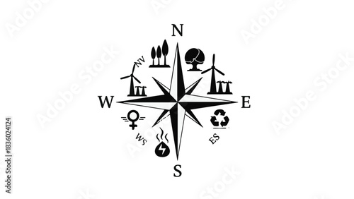 Compass rose illustrating sustainable energy and environmental concepts