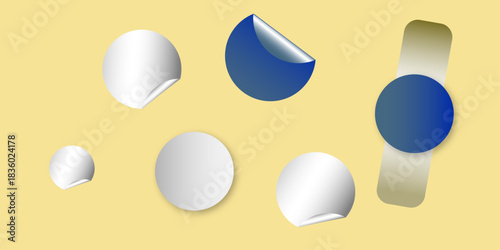 Circle adhesive stickers. White tags, paper round stickers with peeling corner isolated on Light yellow / beige background. Blank blue round stickers with curled corners, realistic mockup .