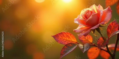 A delicate rose blooms bathed in the warm glow of sunset light, surrounded by autumnal foliage