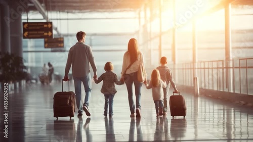Family walking together through sunny airport