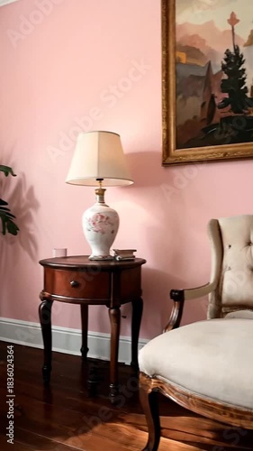 A cozy corner featuring a pink sofa, lush plant, and a side table, bathed in natural light