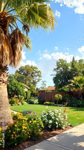 A sunny neighborhood scene, featuring a tall palm tree, lush landscaping, homes, and a blue sky