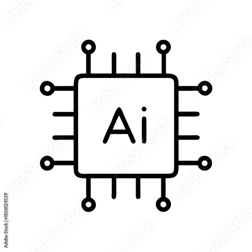 icon of a square microchip or processor with contact pins along the edges, containing the letters 'AI', symbolizing Artificial Intelligence, machine learning, and advanced computing