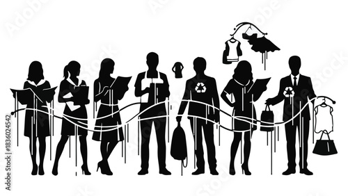 Diverse group of people working together to promote sustainable fashion and recycling.