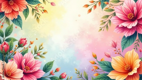 A delicate floral arrangement with vibrant blossoms and tender buds adorns a softly blended pastel background