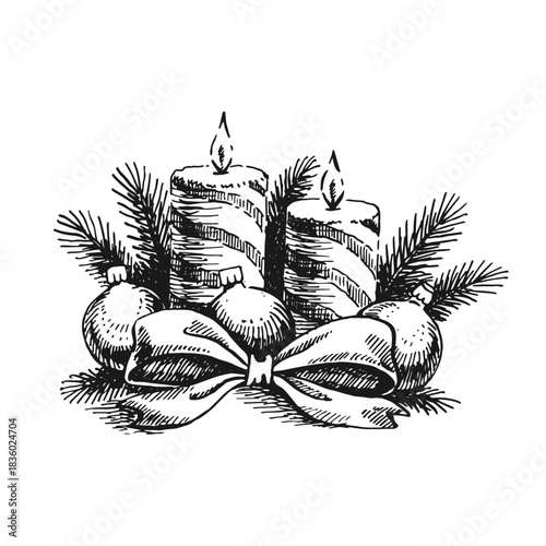 Festive christmas candle arrangement with pine branches, knot, christmas baubles. Hand drawn illustration