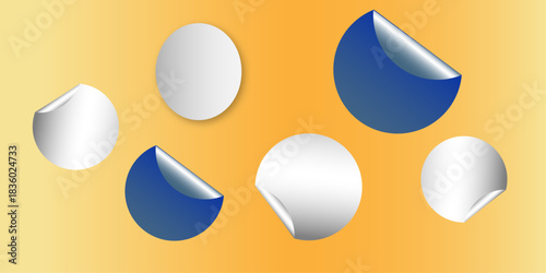Circle adhesive stickers. White tags, paper round stickers with peeling corner isolated on Light yellow / beige background. Blank blue round stickers with curled corners, realistic mockup .