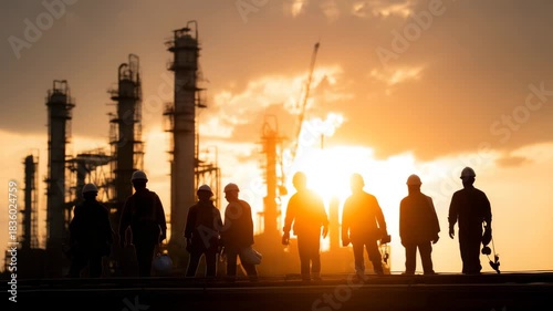 Team of refinery workers silhouetted at sunset