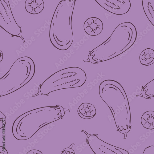 Seamless pattern with eggplant. Hand drawn vector illustration.