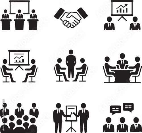 Business meeting and collaboration icon set